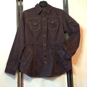 CAbi Brown Textured Denim Military Style Snap Button Jacket Style 162 Size Large